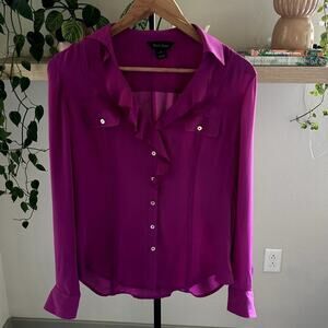 White House Black Market Silk Blouse Size 4 Verry Berry Ruffle Button Up